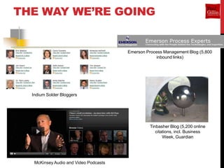 THE WAY WE’RE GOING


                                       Emerson Process Management Blog (5,800
                                                   inbound links)




  Indium Solder Bloggers




                                                 Tinbasher Blog (5,200 online
                                                    citations, incl. Business
                                                        Week, Guardian




   McKinsey Audio and Video Podcasts
 