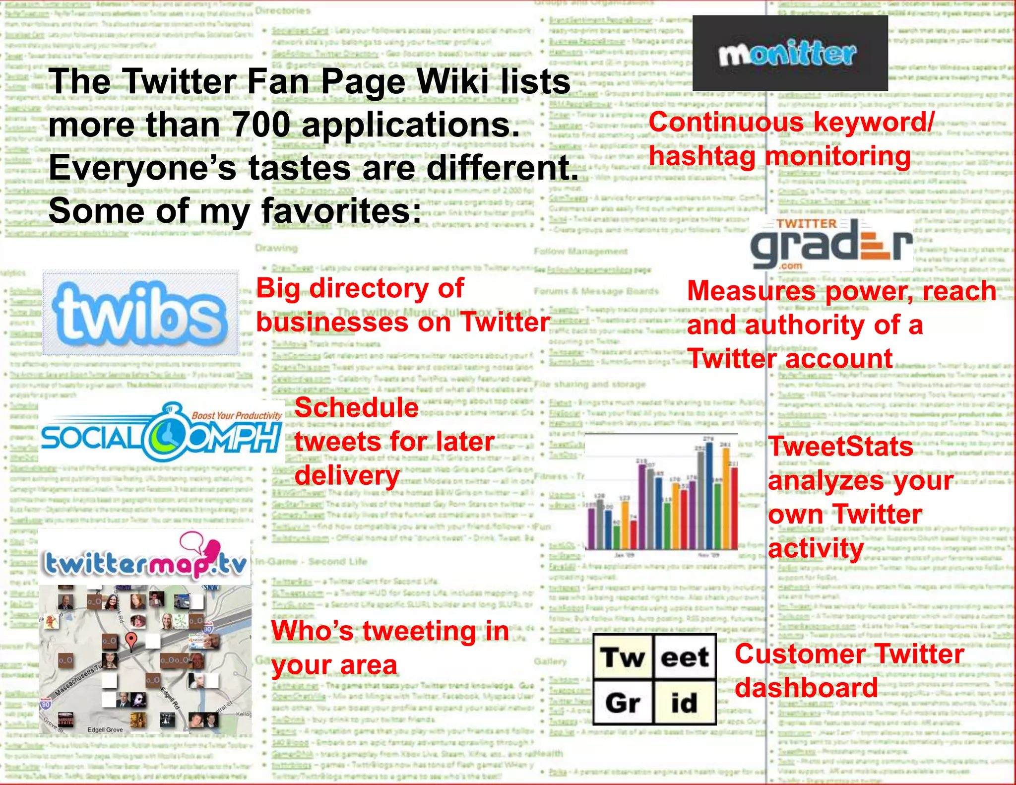 Readers support filtering, lists, profiles, follow/unfollow, multimedia, cross-posting to other social networks, tweetshrink, URL shorteningFollow peopleStart with a small list and grow