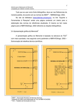 5
Roteiro para Elaboração de Memorial
Compilado por Gildenir Carolino Santos

            Tudo que se usar como fonte bibliográfica, deve ser nas Referencias de
maneira padrão, de acordo com as normas da ABNT2 - NBR6023/ago. 2002.
            No site da biblioteca (www.bibli.fae.unicamp.br), no link “Suporte e
Ferramentas à Pesquisa” existe uma página contendo um roteiro para a
elaboração das normas de referências atualizada. O mesmo se tem nesta
página para a NBR10520/ago. 2002 referente as citações bibliográficas.


2.4 Apresentação gráfica do Memorial3

            A apresentação gráfica do Memorial é baseada na estrutura do TCC4
com mais suavidade, mas seguindo como parâmetro a NBR14724/ago. 2002 –
Estruturação de trabalhos técnico-científicos.




      3cm                                                           3cm
                                                Tamanho da                                                               Tamanho da
               INSTITUIÇÃO                        Fonte: 18               NOME DO AUTOR                                    Fonte: 18



3cm           (2 espaços duplos)                              3cm
                                                                                                                   2cm

                                                Tamanho da                                                               Tamanho da
             NOME DO AUTOR                        Fonte: 18         MEMORIAL DE FORMAÇÃO                                   Fonte: 18
                                                                                                                            Negrito

                                                                                                 1 entrer

                                                                            Memorial apresentado ao Curso de             Tamanho da
                                                Tamanho da                  Pedagogia - Programa Especial de                Fonte: 12
      MEMORIAL DE FORMAÇÃO                        Fonte: 18                 Formação de Professores em Exercício         (Justificada)
                                                   Negrito                  nos     Municípios    da     Região
                                                                            Metropolitana de Campinas, da
                                                                            Faculdade    de Educação da
                                                                            Universidade Estadual de Campinas,
                                                                            como um dos pré-requisitos para
                                         2cm                                conclusão da Licenciatura em
                                                                            Pedagogia.




                                               Tamanho da                                                                Tamanho da
                    Local                        Fonte: 14                       Local                                     Fonte: 14
                    Ano                                                          Ano
                                   2cm                                                              2cm




              FIGURA 1 - Capa                                        FIGURA 2 - Folha de rosto


2
  ABNT – Associação Brasileira de Normas Técnicas
3
  Adaptado do roteiro para elaboração de TCC da NBR14724/2002.
4
  TCC – Trabalho de Conclusão de Curso
 
