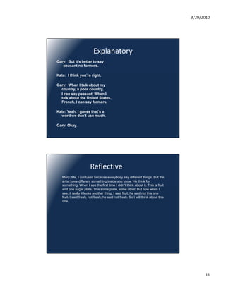 3/29/2010




                          Explanatory
Gary: But it’s better to say
   peasant no farmers.

Kate: I think you’re right.

Gary: When I talk about my
  country, a poor country,
  I can say peasant. When I
  talk about the United States,
  French, I can say farmers.

Kate: Yeah, I guess that’s a
  word we don’t use much.

Gary: Okay.




                        Reflective
   Mary: Me, I confused because everybody say different things. But the
   artist have different something inside you know. He think for
   something. When I see the first time I didn’t think about it. This is fruit
   and one sugar plate. This some plate, some other. But now when I
   see, it really it looks another thing. I said fruit, he said not this one
   fruit. I said fresh, not fresh, he said not fresh. So I will think about this
   one.




                                                                                         11
 