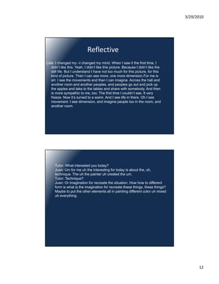 3/29/2010




                            Reflective
Lola: I changed my –I changed my mind. When I saw it the first time, I
   didn’t like this. Yeah, I didn’t like this picture. Because I didn’t like the
   still life. But I understand I have not too much for this picture, for this
   kind of picture. Then I can see more, one more dimension.For me is
   art. I see the movements and then I can imagine. Across the hall and
   another room and another peoples, and peoples go aut and pick up
   the apples and take to the tables and share with somebody. And then
   is more sympathic to me, too. The first time I couldn’t see. It very
   freeze. Now it’s turned to a warm. And I see life in there. Oh I see
   movement.
   movement I see dimension and imagine people too in the room and
                        dimension,                                   room,
   another room.




      Tutor: What interested you today?
      Juan: Um for me uh the interesting for today is about the, uh,
      technique. The uh the painter uh created the um.
      Tutor: Technique?
      Juan: Or imagination for recreate the situation. How how to different
      J      O i     i ti f           t th it ti       H    h     t diff   t
      form is what is the imagination for recreate these things, these things?
      Maybe to put the other elements all in painting different color uh mixed
      uh everything.




                                                                                         12
 