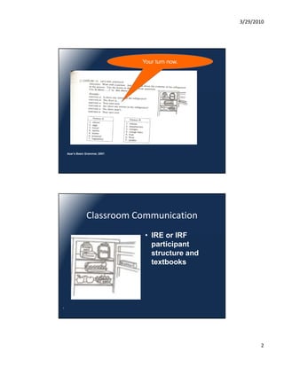 3/29/2010




                                  Your turn now.




    Azar’s Basic Grammar, 2007.




                 Classroom Communication
                                   • IRE or IRF
                                     participant
                                     structure and
                                     textbooks




.




                                                            2
 