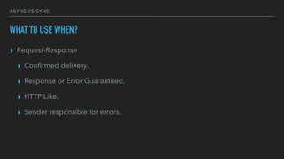 ASYNC VS SYNC
WHAT TO USE WHEN?
▸ Request-Response
▸ Conﬁrmed delivery.
▸ Response or Error Guaranteed.
▸ HTTP Like.
▸ Sender responsible for errors.
 