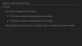 EXAMPLES: WEATHER AGGREGATION
▸ Goal
▸ For the months of Jan & Feb
▸ Find the maximum temperature recorded.
▸ Find the minimum temperature recorded.
▸ If possible do 3a and 3b in parallel, and in parallel for both months
 