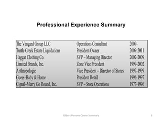Professional Experience Summary


The Vangard Group LLC                         Operations Consultant                 2009-
Turtle Creek Estate Liquidations              President/Owner                       2009-2011
Haggar Clothing Co.                           SVP – Managing Director               2002-2009
Limited Brands, Inc.                          Zone Vice President                   1999-2002
Anthropologie                                 Vice President – Director of Stores   1997-1999
Guess–Baby & Home                             President Retail                      1996-1997
Cignal–Merry Go Round, Inc.                   SVP – Store Operations                1977-1996




                                   Gilbert Perrone Career Summary                               3
 