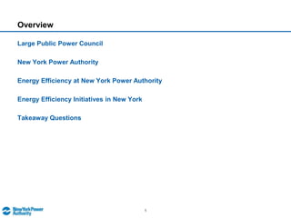 OverviewLarge Public Power CouncilNew York Power AuthorityEnergy Efficiency at New York Power AuthorityEnergy Efficiency Initiatives in New YorkTakeaway Questions
