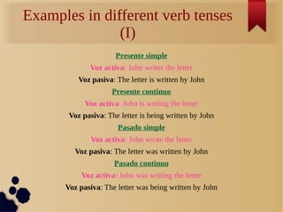 Examples in different verb tenses 
(I) 
Presente simple 
Voz activa: John writes the letter 
Voz pasiva: The letter is written by John 
Presente continuo 
Voz activa: John is writing the letter 
Voz pasiva: The letter is being written by John 
Pasado simple 
Voz activa: John wrote the letter 
Voz pasiva: The letter was written by John 
Pasado continuo 
Voz activa: John was writing the letter 
Voz pasiva: The letter was being written by John 
 