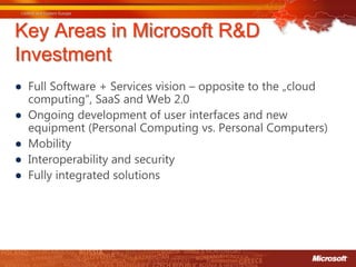 Key Areas in Microsoft R&D
Investment
● Full Software + Services vision – opposite to the „cloud
  computing“, SaaS and Web 2.0
● Ongoing development of user interfaces and new
  equipment (Personal Computing vs. Personal Computers)
● Mobility
● Interoperability and security
● Fully integrated solutions
 