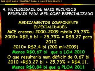 4. NECESSIDADE DE MAIS RECURSOS FEDERAIS PARA MED.COMP.ESPECIALIZADO  MEDICAMENTOS COMPONENTE ESPECIALIDADES  MCE cresceu 2000-2009 média 25,73% 2009= R$2,6 bi + 25,73% = R$3,27 para 2010 2010= R$2,4 bi (200 mi<2009)  Menos R$0,67 bi  que a LOA 2010 O que resultaria num déficit de 0,67 bi 2010 =R$3,27 bi + 25,73% = R$4,11. Menos R$0,84 bi que a PLOA 2011 