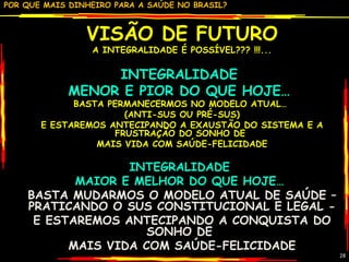VISÃO DE FUTURO A INTEGRALIDADE É POSSÍVEL??? !!!... INTEGRALIDADE  MENOR E PIOR DO QUE HOJE…   BASTA PERMANECERMOS NO MODELO ATUAL…  (ANTI-SUS OU PRÉ-SUS) E ESTAREMOS ANTECIPANDO A EXAUSTÃO DO SISTEMA E A FRUSTRAÇÃO DO SONHO DE  MAIS VIDA COM SAÚDE-FELICIDADE INTEGRALIDADE  MAIOR E MELHOR DO QUE HOJE…   BASTA MUDARMOS O MODELO ATUAL DE SAÚDE – PRATICANDO O SUS CONSTITUCIONAL E LEGAL - E ESTAREMOS ANTECIPANDO A CONQUISTA DO SONHO DE  MAIS VIDA COM SAÚDE-FELICIDADE 