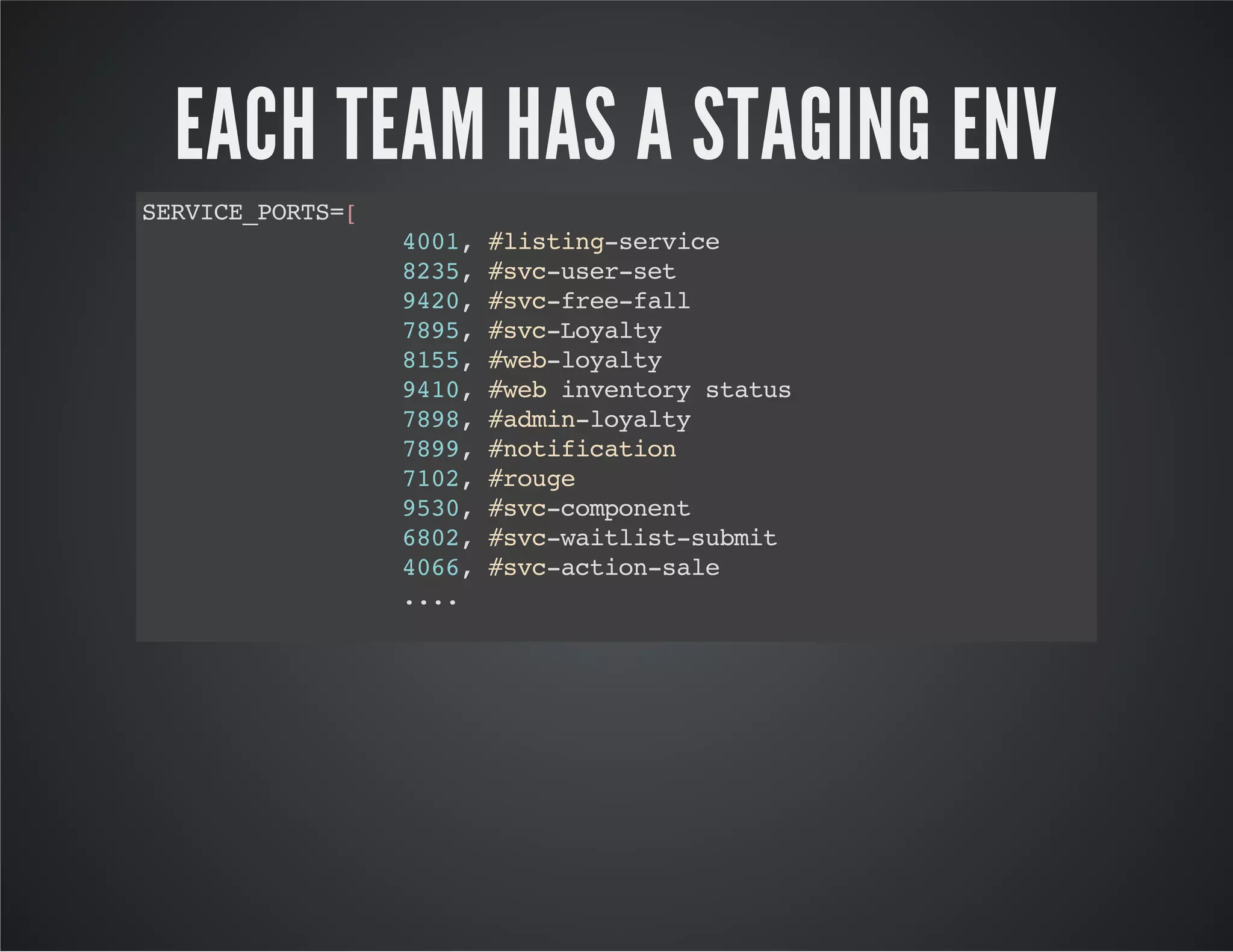 EACH TEAM HAS A STAGING ENV
SRIEPRS[
EVC_OT=
40,#itn-evc
01 lsigsrie
83,#v-srst
25 scue-e
92,#v-refl
40 scfe-al
79,#v-oat
85 scLyly
85,#e-oat
15 wblyly
91,#e ivnoysau
40 wb netr tts
79,#di-oat
88 amnlyly
79,#oiiain
89 ntfcto
70,#og
12 rue
93,#v-opnn
50 sccmoet
60,#v-atitsbi
82 scwils-umt
46,#v-cinsl
06 scato-ae
..
..
PR_OWR_RSSRIEPRSmp{|ot
OTFRADAG=EVC_OT.a
pr|
[-' "{ot:oahs:{ot"
'L, #pr}lclot#pr}]
}

ee([wsh- - - -} PR_OWR_RS G_OT.l
xc*%{s a C N n, OTFRADAG, WHS]f

 