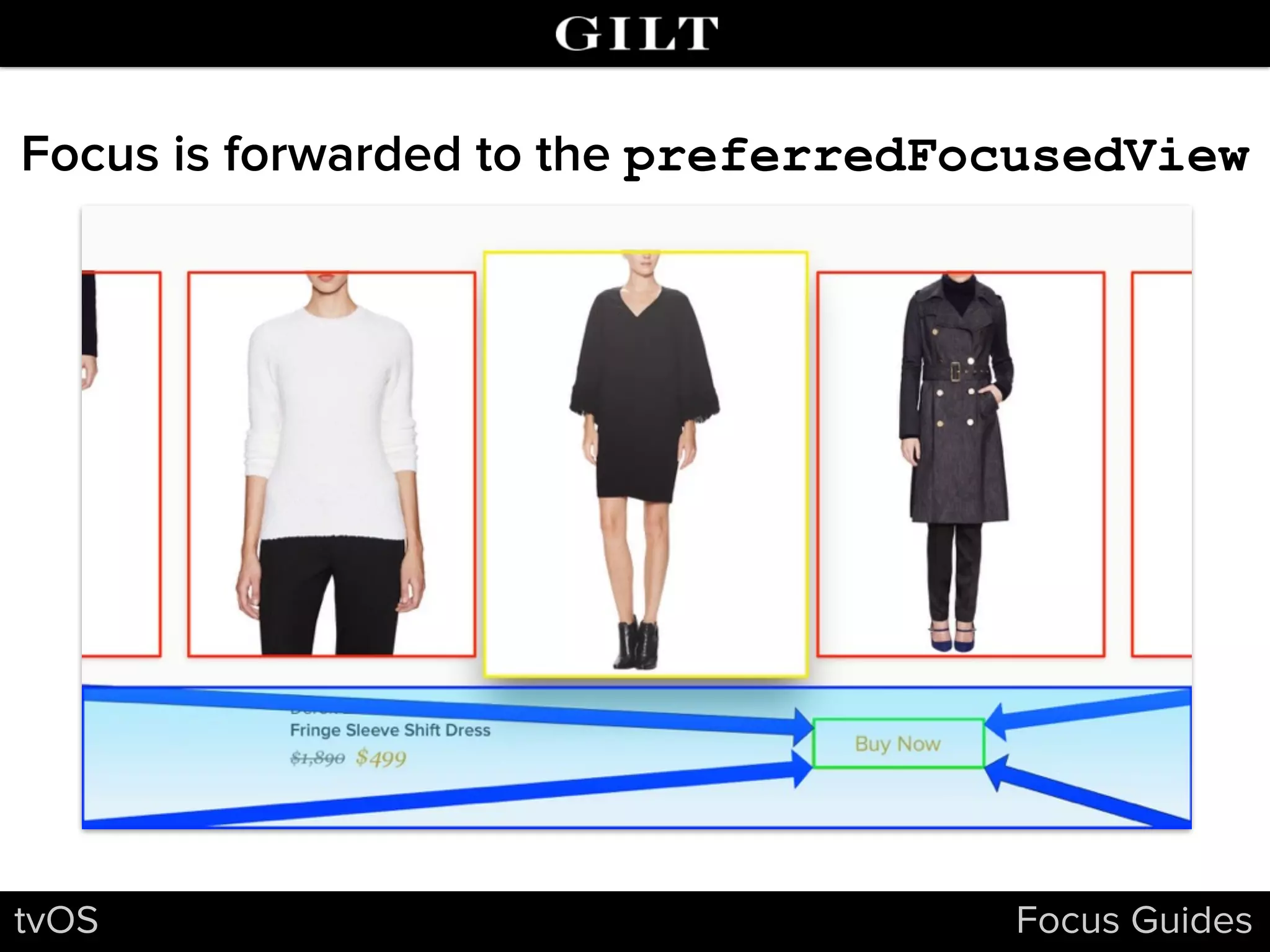 tvOS Focus Guides
Focus is forwarded to the preferredFocusedView
 