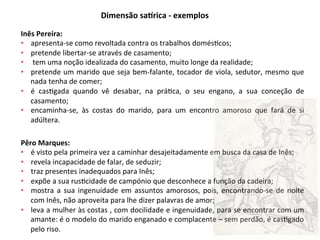 Dimensão	safrica	-	exemplos	
Inês	Pereira:	
•  apresenta-se	como	revoltada	contra	os	trabalhos	domés3cos;	
•  pretende	libertar-se	através	de	casamento;	
•  	tem	uma	noção	idealizada	do	casamento,	muito	longe	da	realidade;	
•  pretende	um	marido	que	seja	bem-falante,	tocador	de	viola,	sedutor,	mesmo	que	
nada	tenha	de	comer;	
•  é	 cas3gada	 quando	 vê	 desabar,	 na	 prá3ca,	 o	 seu	 engano,	 a	 sua	 conceção	 de	
casamento;	
•  encaminha-se,	 às	 costas	 do	 marido,	 para	 um	 encontro	 amoroso	 que	 fará	 de	 si	
adúltera.	
Pêro	Marques:	
•  é	visto	pela	primeira	vez	a	caminhar	desajeitadamente	em	busca	da	casa	de	Inês;	
•  revela	incapacidade	de	falar,	de	seduzir;	
•  traz	presentes	inadequados	para	Inês;	
•  expõe	a	sua	rus3cidade	de	campónio	que	desconhece	a	função	da	cadeira;	
•  mostra	 a	 sua	 ingenuidade	 em	 assuntos	 amorosos,	 pois,	 encontrando-se	 de	 noite	
com	Inês,	não	aproveita	para	lhe	dizer	palavras	de	amor;	
•  leva	a	mulher	às	costas	,	com	docilidade	e	ingenuidade,	para	se	encontrar	com	um	
amante:	é	o	modelo	do	marido	enganado	e	complacente	–	sem	perdão,	é	cas3gado	
pelo	riso.	
 