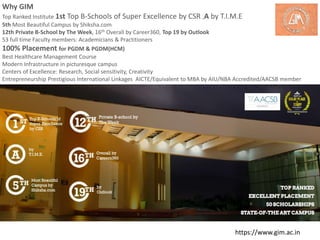 Why GIM
Top Ranked Institute 1st Top B-Schools of Super Excellence by CSR ,A by T.I.M.E
5th Most Beautiful Campus by Shiksha.com
12th Private B-School by The Week, 16th Overall by Career360, Top 19 by Outlook
53 full time Faculty members: Academicians & Practitioners
100% Placement for PGDM & PGDM(HCM)
Best Healthcare Management Course
Modern Infrastructure in picturesque campus
Centers of Excellence: Research, Social sensitivity, Creativity
Entrepreneurship Prestigious International Linkages AICTE/Equivalent to MBA by AIU/NBA Accredited/AACSB member
https://www.gim.ac.in
 