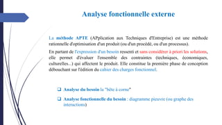 Analyse fonctionnelle externe
La méthode APTE (APplication aux Techniques d'Entreprise) est une méthode
rationnelle d'optimisation d'un produit (ou d'un procédé, ou d'un processus).
En partant de l'expression d'un besoin ressenti et sans considérer à priori les solutions,
elle permet d'évaluer l'ensemble des contraintes (techniques, économiques,
culturelles...) qui affectent le produit. Elle constitue la première phase de conception
débouchant sur l'édition du cahier des charges fonctionnel.
❑ Analyse du besoin la "bête à corne"
❑ Analyse fonctionnelle du besoin : diagramme pieuvre (ou graphe des
interactions)
 