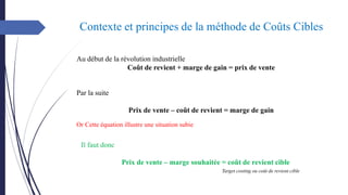 Target costing ou coût de revient cible
Contexte et principes de la méthode de Coûts Cibles
Au début de la révolution industrielle
Coût de revient + marge de gain = prix de vente
Par la suite
Prix de vente – coût de revient = marge de gain
Il faut donc
Prix de vente – marge souhaitée = coût de revient cible
Or Cette équation illustre une situation subie
 