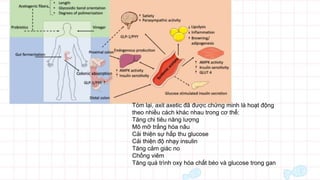 Tóm lại, axit axetic đã được chứng minh là hoạt động
theo nhiều cách khác nhau trong cơ thể:
Tăng chi tiêu năng lượng
Mô mỡ trắng hóa nâu
Cải thiện sự hấp thu glucose
Cải thiện độ nhạy insulin
Tăng cảm giác no
Chống viêm
Tăng quá trình oxy hóa chất béo và glucose trong gan
 