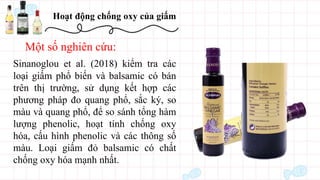 Hoạt động chống oxy của giấm
Một số nghiên cứu:
Sinanoglou et al. (2018) kiểm tra các
loại giấm phổ biến và balsamic có bán
trên thị trường, sử dụng kết hợp các
phương pháp đo quang phổ, sắc ký, so
màu và quang phổ, để so sánh tổng hàm
lượng phenolic, hoạt tính chống oxy
hóa, cấu hình phenolic và các thông số
màu. Loại giấm đỏ balsamic có chất
chống oxy hóa mạnh nhất.
 