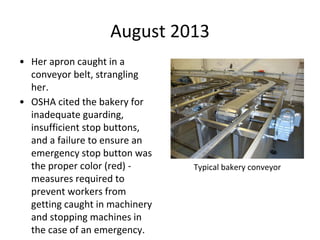 August 2013
• Her apron caught in a
conveyor belt, strangling
her.
• OSHA cited the bakery for
inadequate guarding,
insufficient stop buttons,
and a failure to ensure an
emergency stop button was
the proper color (red) -
measures required to
prevent workers from
getting caught in machinery
and stopping machines in
the case of an emergency.
Typical bakery conveyor
 