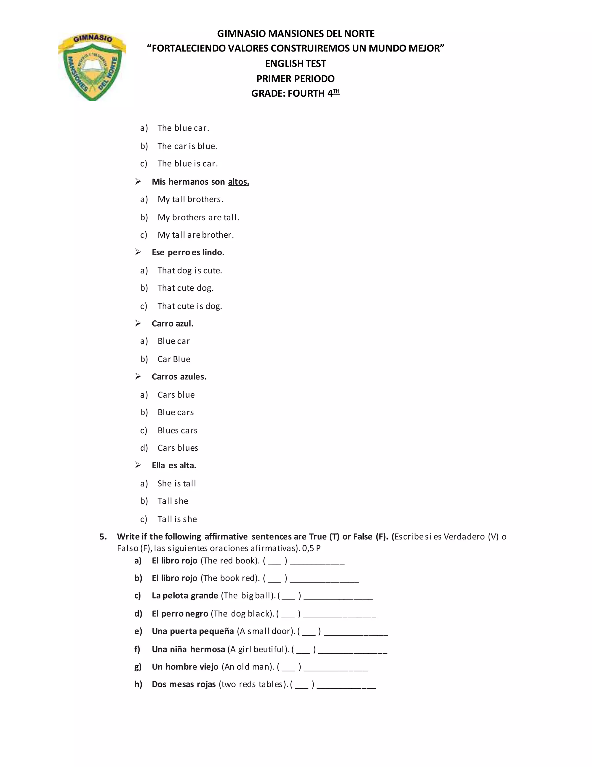 examen de ingles - cuarto grado | DOCX | Educational Assessment | Education