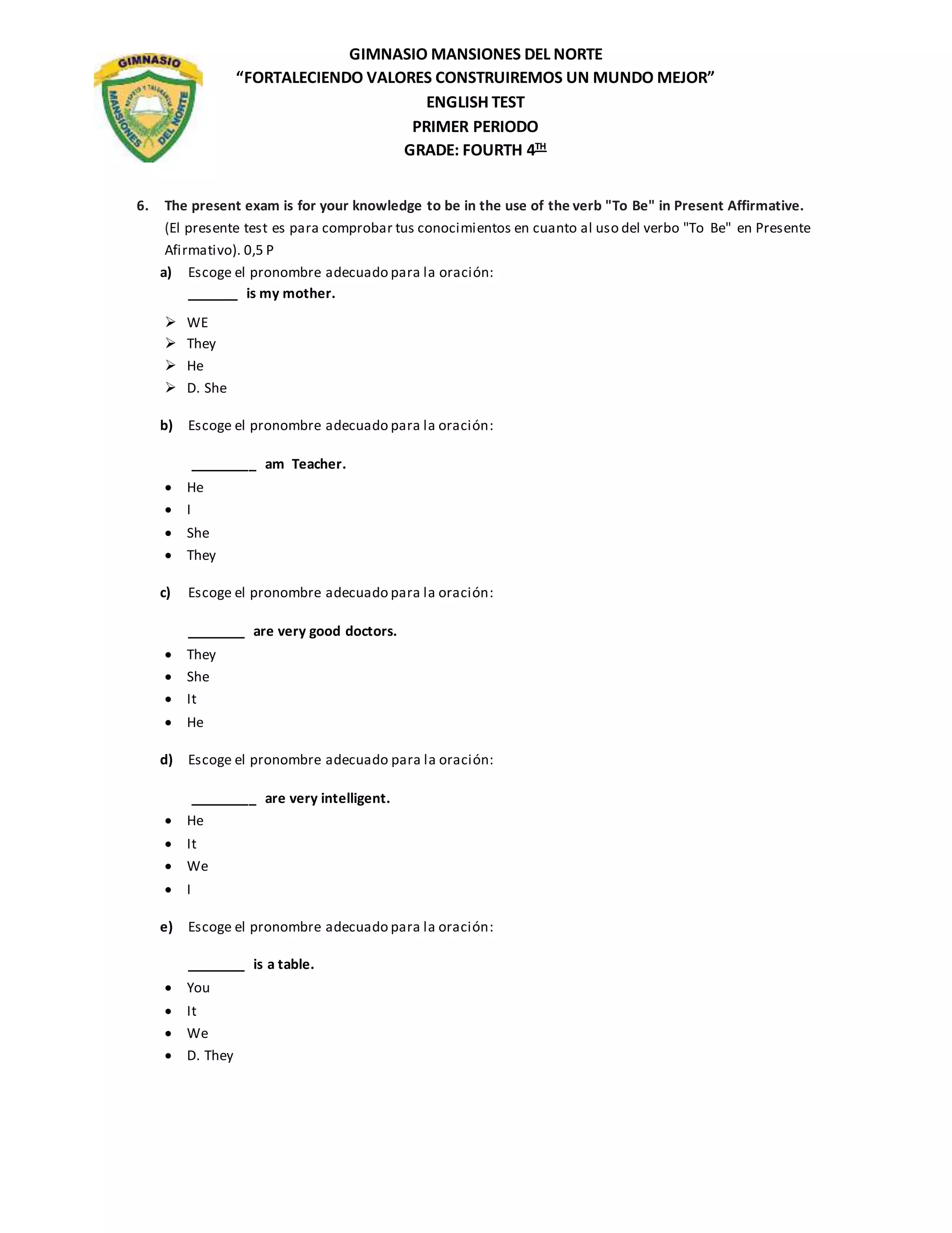 examen de ingles - cuarto grado | DOCX | Educational Assessment | Education