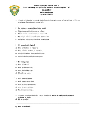 examen de ingles - cuarto grado | DOCX