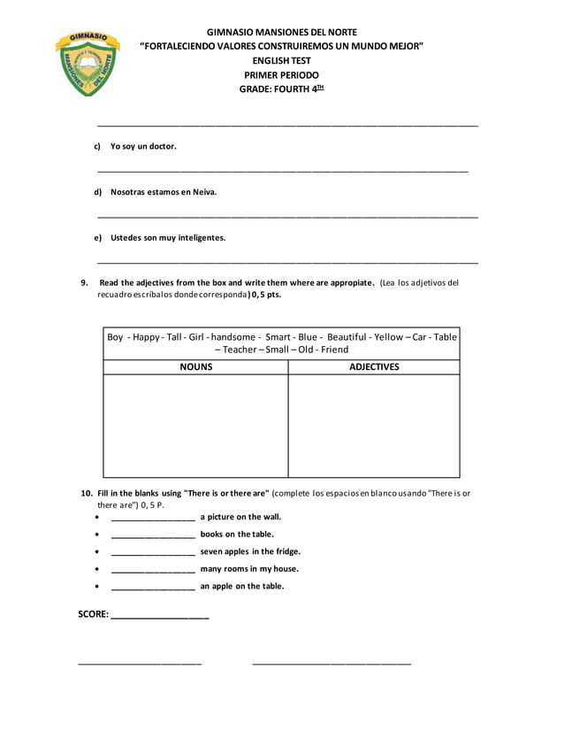 examen de ingles - cuarto grado | DOCX | Educational Assessment | Education