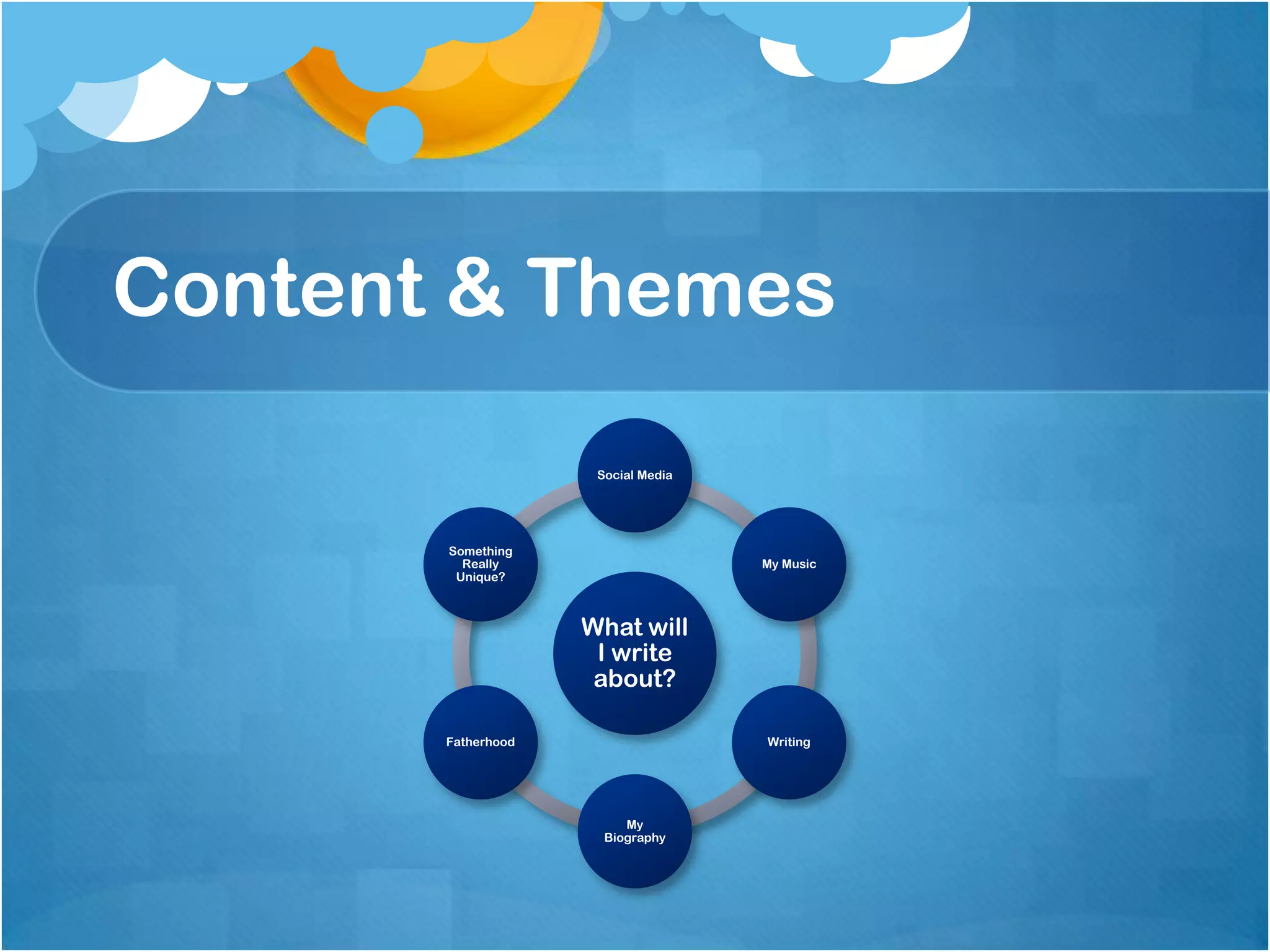 Content & Themes

                     Social Media




       Something
         Really                     My Music
        Unique?



                    What will
                     I write
                     about?

       Fatherhood                   Writing




                         My
                      Biography
 