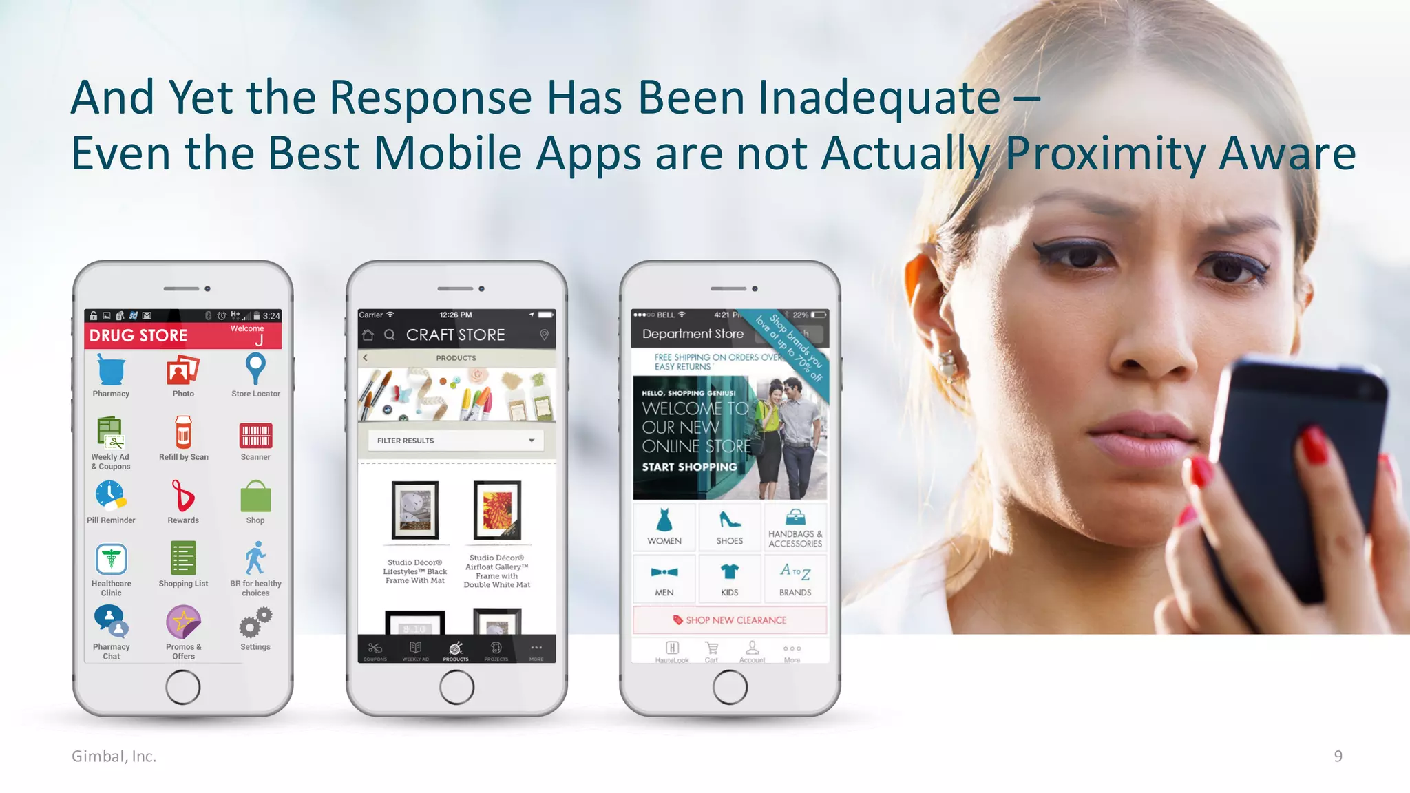 Gimbal,	Inc.
And	Yet	the	Response	Has	Been	Inadequate	–
Even	the	Best	Mobile	Apps	are	not	Actually	Proximity	Aware
9
 