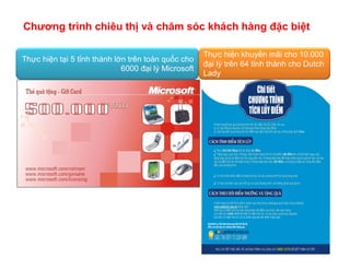 Chương trình chiêu thị và chăm sóc khách hàng đặc biệt

                                                     Thực hiện khuyến mãi cho 10.000
Thực hiện tại 5 tỉnh thành lớn trên toàn quốc cho
                                                     đại lý trên 64 tỉnh thành cho Dutch
                             6000 đại lý Microsoft
                                                     Lady
 