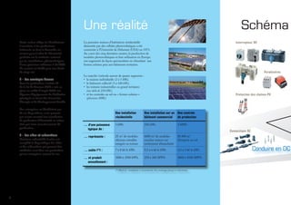 Une réalité
La première maison d’habitation résidentielle
alimentée par des cellules photovoltaïques a été
construite à l’Université de Delaware (USA) en 1973.
Au cours des cinq dernières années, la production de
modules photovoltaïques et leur utilisation en Europe
ont augmenté de façon spectaculaire en s’étendant aux
fermes solaires puis aux bâtiments tertiaires.
Le marché s’articule autour de quatre segments :
•	 la maison individuelle (2 à 5 kWc),
•	 le bâtiment collectif (5 à 100 kWc),
•	 les toitures industrielles ou grand tertiaires
(au-delà de 250 kWc),
•	 et les centrales au sol ou « fermes solaires »
(plusieurs MWc).
Cette notion oblige les distributeurs
à conclure, si les producteurs
intéressés en font la demande, un
contrat pour l’achat de l’électricité
produite sur le territoire national
par les installations photovoltaïques
d’une puissance inférieure à 12 MW.
Ce contrat est établi pour une durée
de vingt ans.
2 - 	Les avantages fiscaux
Pour les particuliers, l’article 90
de la loi de finances 2005 a mis en
place un crédit d’impôt dédié aux
dépenses d’équipements de l’habitation
principale en faveur des économies
d’énergie et du développement durable.
Les entreprises ne bénéficient pas
de ces dispositions, mais peuvent
par contre amortir leur installation
de production d’électricité au même
titre que leurs investissements de
production.
3 - 	Les aides et subventions
Certaines collectivités locales ont
complété le dispositif par des aides
et des subventions qui peuvent être
attribuées aussi bien aux particuliers
qu’aux entreprises, suivant les cas.
Une installation
résidentielle
Une installation sur un
bâtiment commercial
Une centrale
de production
… d’une puissance
typique de :
3 kWc 250 kWc 4 MWc
… représente : 25 m2
de modules
silicium cristallin
intégrés en toiture
6000 m2
de modules
couches minces sur
revêtement d’étanchéité
80 000 m2
d’emprise au sol
… coûte (*) : 7 à 8 k€ le kWc 5,5 à 6 k€ le kWc 4,5 à 5 k€ le kWc
… et produit
annuellement :
3000 à 3500 kWh 250 à 300 MWh 4000 à 4500 MWh
(*) Matériel, installation et raccordement, hors avantages fiscaux et subventions
Schéma
Protection des chaînes PV
Parafoudres
Interrupteur DC
Conduire en DC
Connectique DC
 