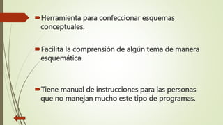 Herramienta para confeccionar esquemas
conceptuales.
Facilita la comprensión de algún tema de manera
esquemática.
Tiene manual de instrucciones para las personas
que no manejan mucho este tipo de programas.
 