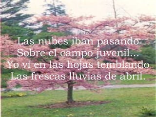 Las nubes iban pasando Sobre el campo juvenil... Yo vi en las hojas temblando Las frescas lluvias de abril. 