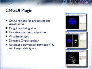 CMGUI Plugin Cmgui regions for processing and visualization Cmgui rendering view Link views in time and position Visualize images Dynamic Cmgui toolbar Automatic conversion between VTK and Cmgui data types 