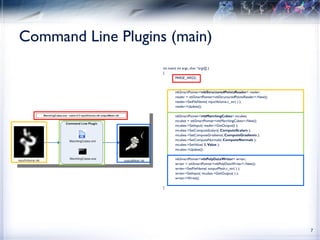 Command Line Plugins (main) int main( int argc, char *argv[] ) { PARSE_ARGS; vtkSmartPointer< vtkStructuredPointsReader > reader; reader = vtkSmartPointer<vtkStructuredPointsReader>::New(); reader->SetFileName( inputVolume.c_str( ) ); reader->Update(); vtkSmartPointer< vtkMarchingCubes > mcubes; mcubes = vtkSmartPointer<vtkMarchingCubes>::New(); mcubes->SetInput( reader->GetOutput() ); mcubes->SetComputeScalars(  ComputeScalars  ); mcubes->SetComputeGradients(  ComputeGradients  ); mcubes->SetComputeNormals(  ComputeNormals  ); mcubes->SetValue( 0,  Value  ); mcubes->Update(); vtkSmartPointer< vtkPolyDataWriter > writer; writer = vtkSmartPointer<vtkPolyDataWriter>::New(); writer->SetFileName( outputMesh.c_str( ) ); writer->SetInput( mcubes->GetOutput( ) ); writer->Write(); } 