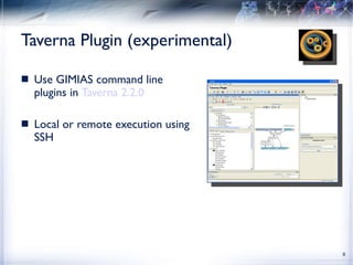 Taverna Plugin (experimental) Use GIMIAS command line plugins in  Taverna 2.2.0   Local or remote execution using SSH 