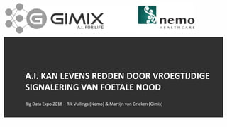 A.I. KAN LEVENS REDDEN DOOR VROEGTIJDIGE
SIGNALERING VAN FOETALE NOOD
Big Data Expo 2018 – Rik Vullings (Nemo) & Martijn van Grieken (Gimix)
 