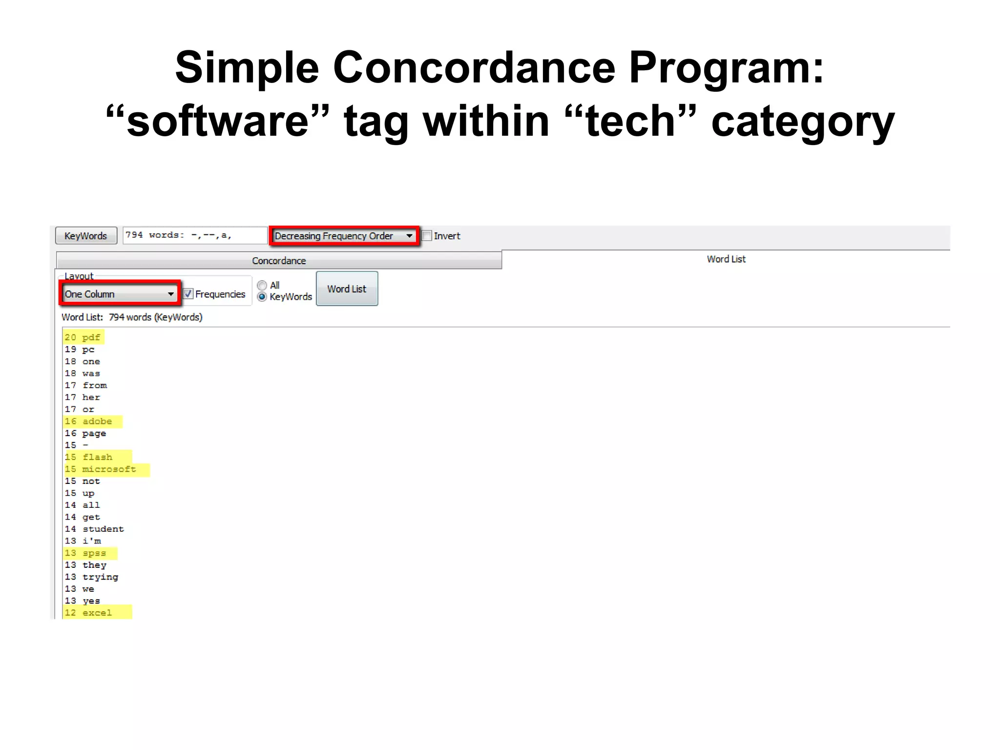 Simple Concordance Program:
“software” tag within “tech” category
 