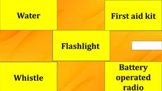 ? ?
?
?
?
Flashlight
Whistle
Battery
operated
radio
Water First aid kit
 