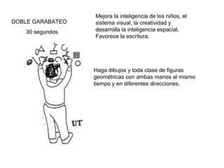 DOBLE GARABATEO
30 segundos

Mejora la inteligencia de los niños, el
sistema visual, la creatividad y
desarrolla la inteligencia espacial.
Favorece la escritura.

Haga dibujos y toda clase de figuras
geométricas con ambas manos al mismo
tiempo y en diferentes direcciones.

 