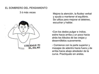 EL SOMBRERO DEL PENSAMIENTO
3 ó más veces

Mejora la atención, la fluidez verbal
y ayuda a mantener el equilibrio.
Se utiliza para mejorar el deletreo,
escuchar y hablar.

-Con los dedos pulgar e índice,
estire hacia arriba y un poco hacia
atrás los lóbulos de las orejas y
desenróllelos suavemente.
- Comience con la parte superior y
masajee de adentro hacia fuera y de
arriba hacia abajo alrededor de la
curva. Practíquelo sin aretes.

 