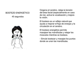 BOSTEZO ENERGÉTICO
45 segundos

Oxigena el cerebro, relaja la tensión
del área facial (especialmente en caso
de ira), activa la vocalización y mejora
la visión.
El bostezo es un reflejo natural que
ayuda a mejorar el flujo de energía y la
circulación en el cerebro.
El bostezo energético permite
masajear las mandíbulas y relajar los
músculos mientras se bosteza.
- Simule bostezar y masajee los puntos
donde se unen las mandíbulas.

 