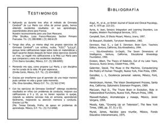 TT EE SS TT II MM OO NN II OO SS
Aplicando ya durante tres años el método de Gimnasia
Cerebral®
de Luz María con niños de primer grado, hemos
obtenido excelentes resultados en sus aprendizajes,
exportándolos ahora para Francia.
Nuestro reconocimiento para una Gran Mexicana.
(Pilar Struillou. Liceo Franco-Mexicano. Section Primaire
Francaise. TEL: (5) 280-8080 / (5) 260-6129
Tengo diez años, yo misma elegí mis propios ejercicios de
Gimnasia Cerebral®
: Los ochitos, nudos, “A,B,C” “p,d,q,b”,
porque tenía calificaciones bajas sobre todo en matemáticas y
logré sacarme dieses después de hacer estos ejercicios durante
un mes. Le regalé mis calificaciones a la Miss Luz María para
que comparara y viera mis excelentes resultados.
(Trini Ibarra González, México, D.F. (5) 598-8495)
Moviendo mis ojos, como propone Luz María, y con disciplina
me he curado de la vista. Mi gran esperanza.
(Emilia Cerón, México, D.F. TEL: (5) 654-0683)
Gracias por enseñarme que el aprender de una mejor manera
pudo cambiar mi vida y gozar cada momento.
(Ma. Elvia González, México D.F. TEL: (5) 562-2744)
Con los ejercicios de Gimnasia Cerebral®
obtengo excelentes
resultados en niños con problemas de conducta, mejoran sus
calificaciones a 9 y 10, ya no tienen reportes ni quejas,
notando su sistema nervioso más en armonía, aprendiendo
fácilmente, mejorando su atención memoria y conducta.
Gracias Luz Ma.
(Ma. Teresa Estrada, Profra. de apoyo en problemas de
aprendizaje. México, D.F. TEL: (5) 712-6468)
BB II BB LL II OO GGRR AA FF ÍÍ AA
Argyl., M., et al., en British Journal of Social and Clinical Psycology,
vol. 9, 1970 pp. 222-231.
Ayres, A. Jean, Sensory Integration and Learning Disorders, Los
Angeles, Western Psychological Services, 1972.
Campbell, Dom, El Efecto Mozart, México, Urano, 1997.
De Beauport, Elizabeth, Tarrytown Newsletter, 1983.
Dennison, Paul. E., y Gail E. Dennison. Brain Gym. Teachers
Edition, Ventura, California, Edu-Kinesthetics, 1994.
-----, Edu-Kinesthetics In-Depth, The Seven Dimensions of
Intelligence, Ventura, California, Educational Kinesiology
Foundation, 1990.
Einstein, Albert, The Theory of Relativity. Out of my Later Years,
Secaucus, Nueva Jersey, Citadel Press, 1956.
Gelernter, David, The Muse in the Machine, Computerizing
the Poetry of Human Thought, Nueva York, Free Press, 1994.
González, L. J., Excelencia personal: valores, México, Font,
1992.
Hendrickson, Homer, The Vision Development Process, Santa
Ana, California, Optometric Extension Program, 1969.
MacLean, Paul D., The Triune Brain in Evolution, Role in
Paleocerebral Functions, Nueva York, Plenum Press, 1990.
Maxwell-Hudson, Aromaterapia y masaje, México, Javier
Vergara, 1994.
Moody, Kate, “Growing Up on Television”, The New York
Times, 1980, pp. 37, 51 y 53.
Muriel, James, Nacidos para triunfar, México, Fondo
Educativo Interamericano, 1975.
 