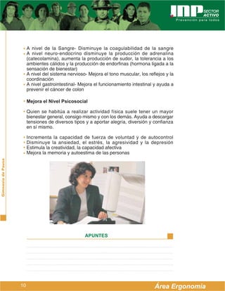A nivel de la Sangre- Disminuye la coagulabilidad de la sangre
                         A nivel neuro-endocrino disminuye la producción de adrenalina
                         (catecolamina), aumenta la producción de sudor, la tolerancia a los
                         ambientes cálidos y la producción de endorfinas (hormona ligada a la
                         sensación de bienestar)
                         A nivel del sistema nervioso- Mejora el tono muscular, los reflejos y la
                         coordinación
                         A nivel gastrointestinal- Mejora el funcionamiento intestinal y ayuda a
                         prevenir el cáncer de colon

                         Mejora el Nivel Psicosocial

                         Quien se habitúa a realizar actividad física suele tener un mayor
                         bienestar general, consigo mismo y con los demás. Ayuda a descargar
                         tensiones de diversos tipos y a aportar alegría, diversión y confianza
                         en sí mismo.

                         Incrementa la capacidad de fuerza de voluntad y de autocontrol
                         Disminuye la ansiedad, el estrés, la agresividad y la depresión
                         Estimula la creatividad, la capacidad afectiva
                         Mejora la memoria y autoestima de las personas
Gimnasia de Pausa




                                                     APUNTES




                    10                                                                 Área Ergonomía
 