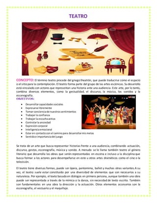 TEATRO
CONCEPTO: El término teatro procede del griego theatrón, que puede traducirse como el espacio
o el sitio para la contemplación. El teatro forma parte del grupo de las artes escénicas. Su desarrollo
está vinculado con actores que representan una historia ante una audiencia. Este arte, por lo tanto,
combina diversos elementos, como la gestualidad, el discurso, la música, los sonidos y la
escenografía.
OBJETIVOS:
 Desarrollarcapacidadessociales
 Expresarse libremente
 Tomar concienciade nuestrossentimientos
 Trabajar la confianza
 Trabajar la escuchaactiva
 Controlarla ansiedad
 Expresióncorporal
 Inteligenciaemocional
 Estar en contactocon el caminopara desarrollarmismetas
 Sentidoe importanciadel juego
Se trata de un arte que busca representar historias frente a una audiencia, combinando actuación,
discurso, gestos, escenografía, música y sonido. A menudo se le llama también teatro al género
literario que desarrolla las obras que serán representadas en escena e incluso a la disciplina que
busca formar a los actores para desempeñarse en este u otros artes dramáticos como el cine o la
televisión.
El teatro tiene diversas formas, puede ser ópera, pantomima, ballet y muchas otras variantes.A su
vez, el teatro suele estar constituido por una diversidad de elementos que son necesarios a su
naturaleza. Por ejemplo, el texto basado en diálogos en primera persona, aunque también una obra
puede ser representada a través de la mímica o la danza, sin necesidad de texto escrito. También
son fundamentales en una obra la dirección y la actuación. Otros elementos accesorios son la
escenografía, el vestuario y el maquillaje.
 