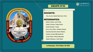 DOCENTE:
Arq. Aurora Isabel Marchena Tafur
INTEGRANTES:
Barrios Carlos, Juan Charly
Castro Condore, Carlos Antoni
Davila Guevara, Yucely
De La Cruz Pérez, Christian Edward
Guevara Samamé, Alonso Mesías
Ventura Cumpa, Billy Alexander
Yovera Pérez, WilmerAlexander
Zarpán Neciosup, Víctor Bryan
Lambayeque, 28 de Mayo del 2021
EQUIPO N°02
 