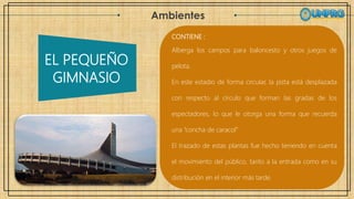 EL PEQUEÑO
GIMNASIO
Ambientes
CONTIENE :
Alberga los campos para baloncesto y otros juegos de
pelota.
En este estadio de forma circular, la pista está desplazada
con respecto al círculo que forman las gradas de los
espectadores, lo que le otorga una forma que recuerda
una “concha de caracol”
El trazado de estas plantas fue hecho teniendo en cuenta
el movimiento del público, tanto a la entrada como en su
distribución en el interior más tarde.
 
