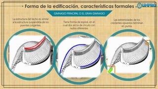 Forma de la edificación, características formales
GIMNASIO PRINCIPAL O EL GRAN GIMNASIO
La estructura del techo es similar
a la estructura suspendida de los
puentes colgantes.
Tiene forma de espiral, en el
cual dos arcos de círculo con
radios diferentes
Las extremidades de los
crecientes opuestos terminan
en punta.
 