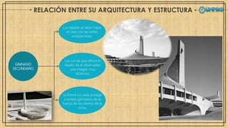RELACIÓN ENTRE SU ARQUITECTURA Y ESTRUCTURA
GIMNASIO
SECUNDARIO
Las curvas que ofrece el
tejado da al observador
una imagen muy
dinámica.
Los tejados se alzan hacia
el cielo con las bellas
ondulaciones.
La forma curvada protege
a ambos gimnasios de la
fuerza de los vientos de la
zona.
 