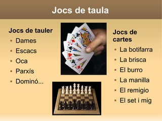 Jocs de taula
Jocs de tauler
 Dames
 Escacs
 Oca
 Parxís
 Dominó...
Jocs de
cartes
 La botifarra
 La brisca
 El burro
 La manilla
 El remigio
 El set i mig
 
